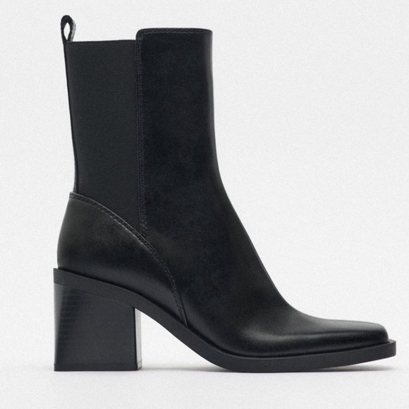 Zara Shoes - NEW Zara Block Heel Squared Toe Black Leather Ankle Boots Booties 1130/010